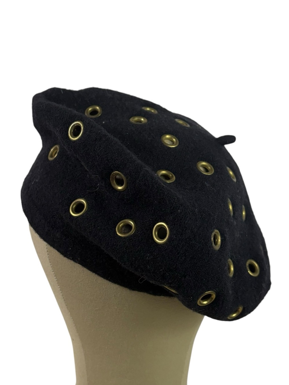 Vintage 100% Wool Black Gold Eyelet Detail Beret Hat Steampunk Art Deco OS 90s